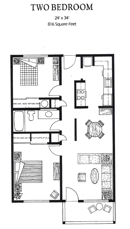 Floor plan for 2 beds, 1 bath, 850 sqft